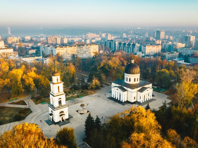 Aerial image of Chisinau's Cathedral Square at sunset. In the Republic of Moldova.